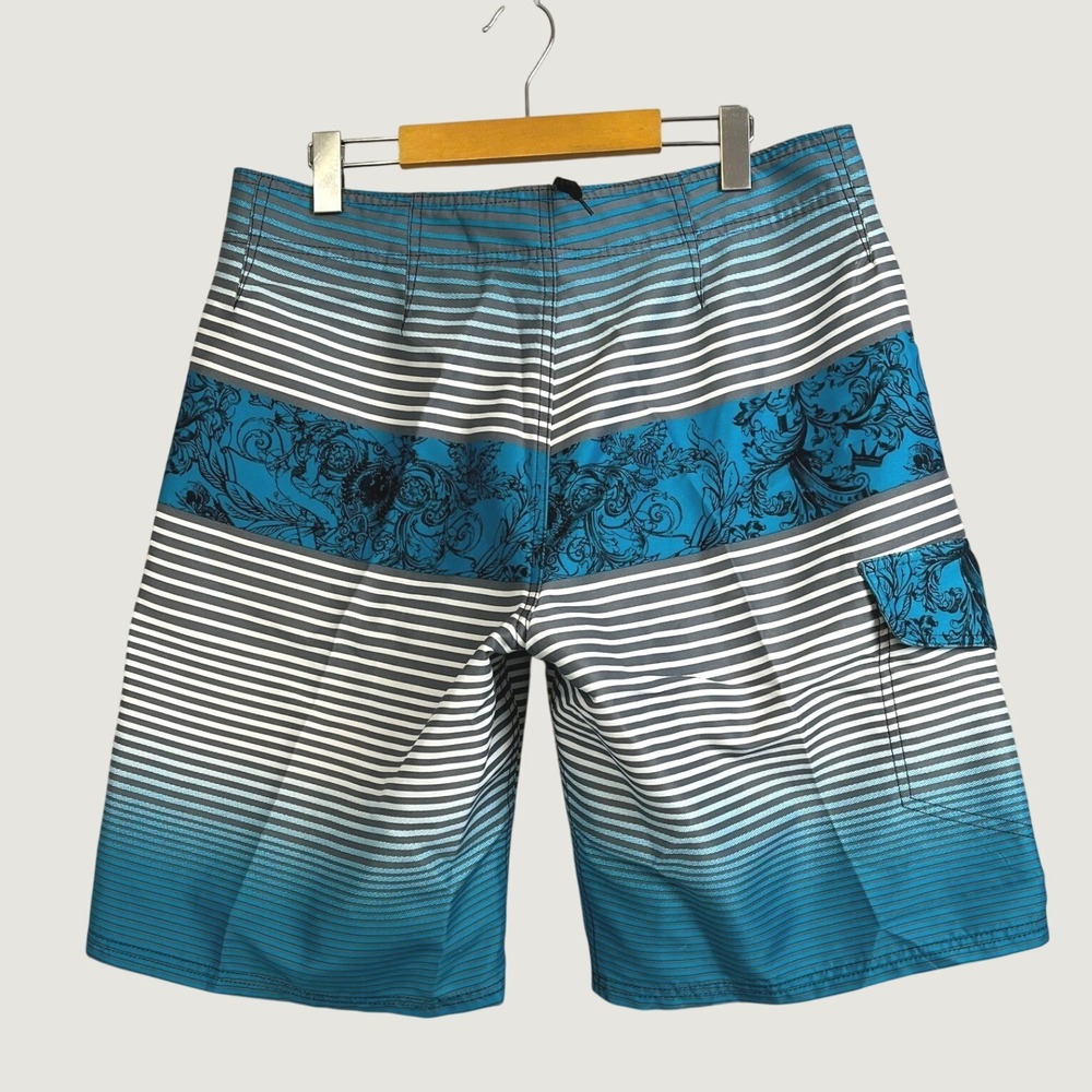 Y2K OP Ocean Pacific Mens Blue Striped Floral Filigree Board Shorts Size 34 - Picture 2 of 6